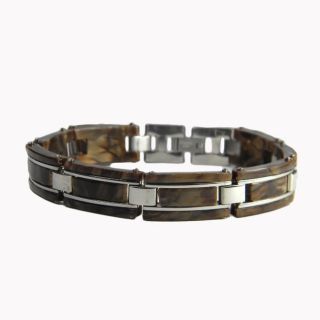 Stainless Steel Mens Brown Marble Acrylic Link Bracelet
