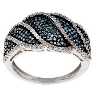 Silver 3/4ct TDW Blue and White Diamond Evening Out Cocktail Ring (H