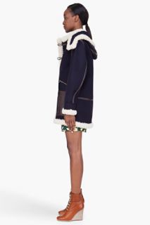 Marni Navy Shearling Leather Trim Hooded Coat for women