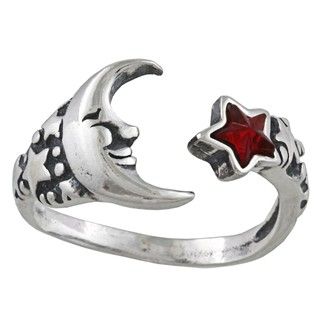 Silvermoon Sterling Silver Moon and Red Crystal Star Adjustable Ring