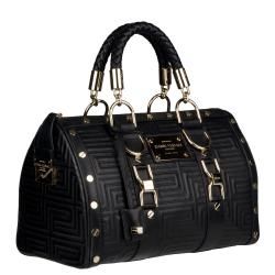 Versace Black Leather Stitched Bowler Bag