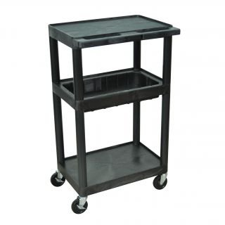 Luxor Black Utility Cart with Middle Tub Shelf and Flat Top and Bottom